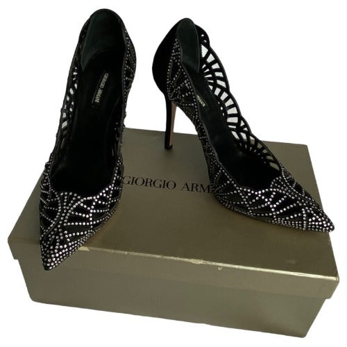 GIORGIO ARMANI Crystal Embellished Black Suede Pointed Toe Laser Cut Pumps, Size 36