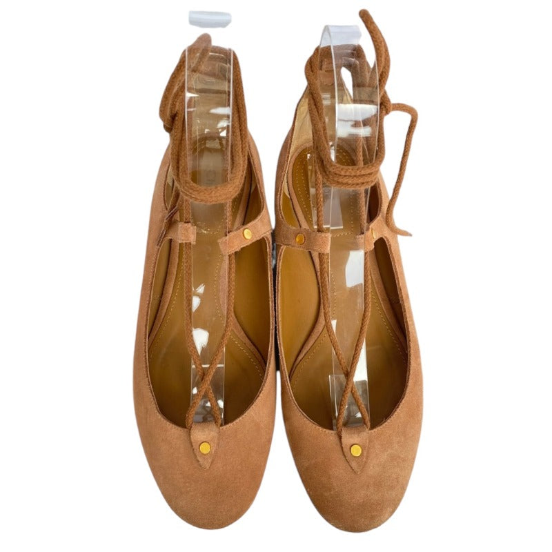 CHLOE Foster Camel Suede Lace-Up Ballerina Flat Ballet Shoes, Size 37.5