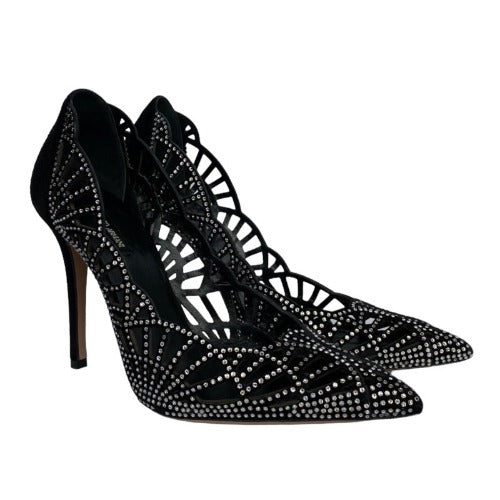 GIORGIO ARMANI Crystal Embellished Black Suede Pointed Toe Laser Cut Pumps, Size 36