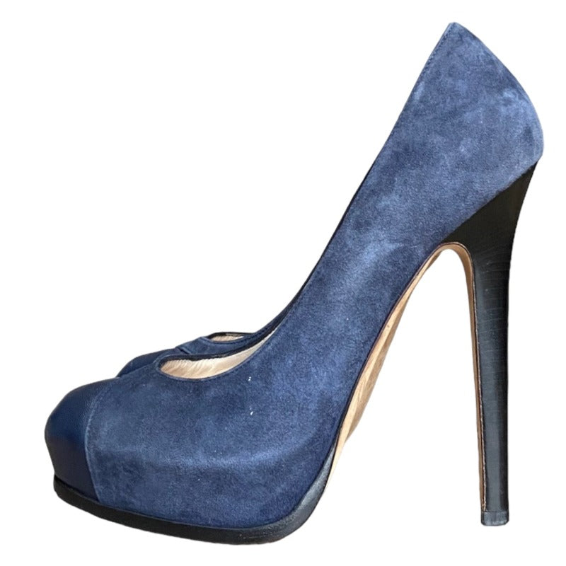 FENDI Navy Suede, Leather Cap Toe , FF Logo Hidden Platform Pumps, Size 38.5