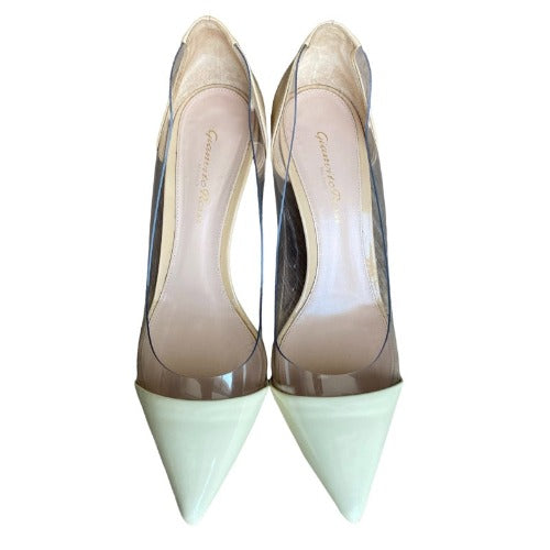 GIANVITO ROSSI Cream Patent Leather And PVC Plexi Pointed Toe Pumps Size 38