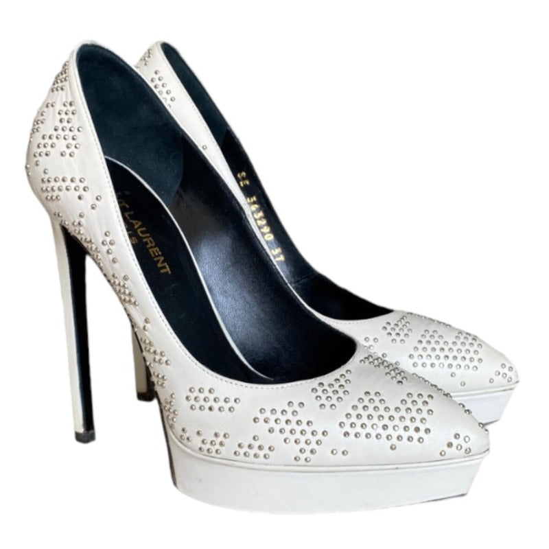 YSL YVES SAINT LAURENT White Leather Studded Janis Platform Pointed Toe Pumps, 37