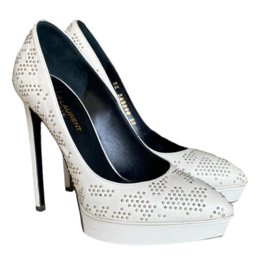 YSL YVES SAINT LAURENT White Leather Studded Janis Platform Pointed Toe Pumps,  37