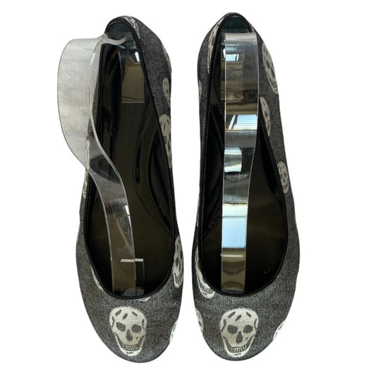 ALEXANDER MCQUEEN Skull Printed Black Round Toe Canvas Ballet Flats, Size 40.5