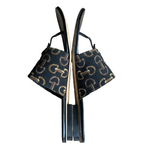GUCCI Black Brown Horsebit Pattern Canvas Leather Flat Thong Sandals, Size 38.5