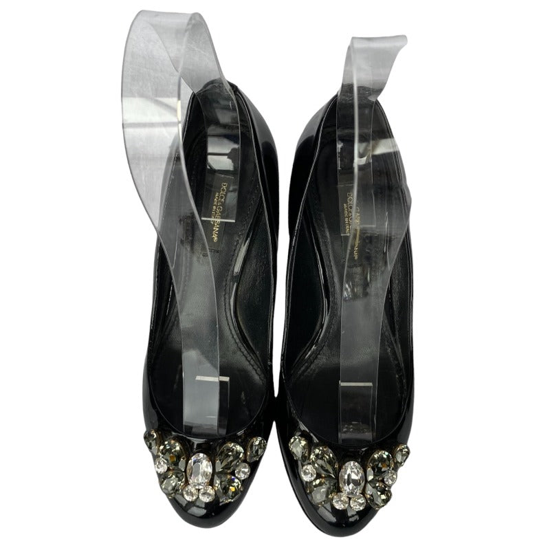 DOLCE&GABBANA Black Patent Leather with Rhinestone Buckle Low Heel Pumps, Size 36