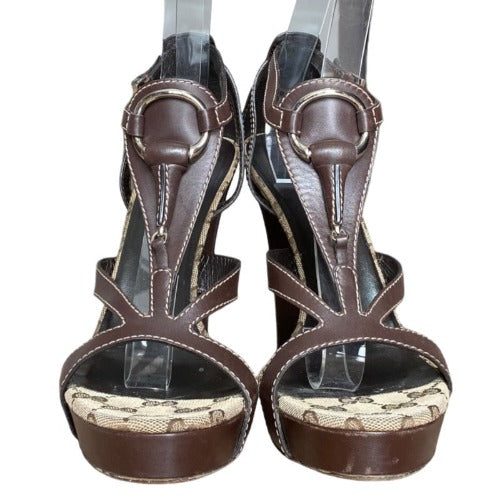 GUCCI Brown Leather Icon GG Canvas Bit Ankle Strap Platform Sandals, Size 39.5