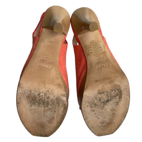 FENDI Coral Python Embossed Leather Fendista Bow Slingback Sandals, Size 39