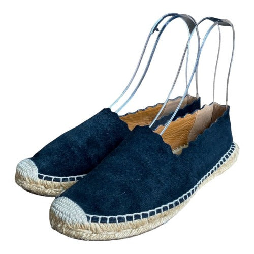 CHLOE Lauren Scalloped Espadrille Black Leather Suede Flat Women Shoes, Size 37