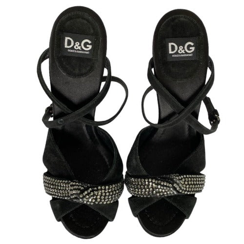 NEW DOLCE GABBANA Black Rhinestone Suede Ankle Strap Heeled Sandals, Size 36