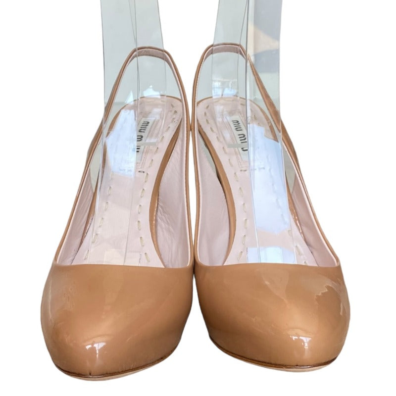 MIU MIU Beige Patent Leather Almond Toe Hidden Platform Slingback Pumps Size 36