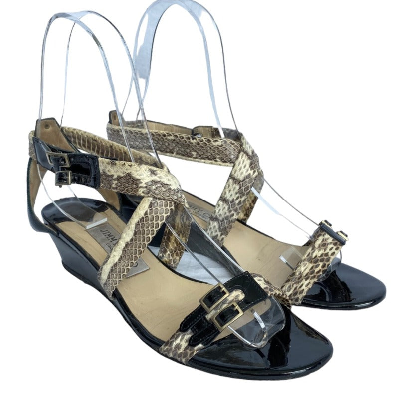 JIMMY CHOO Chiara Python & Black Patent Leather Strappy Demi Wedge Sandals, 38