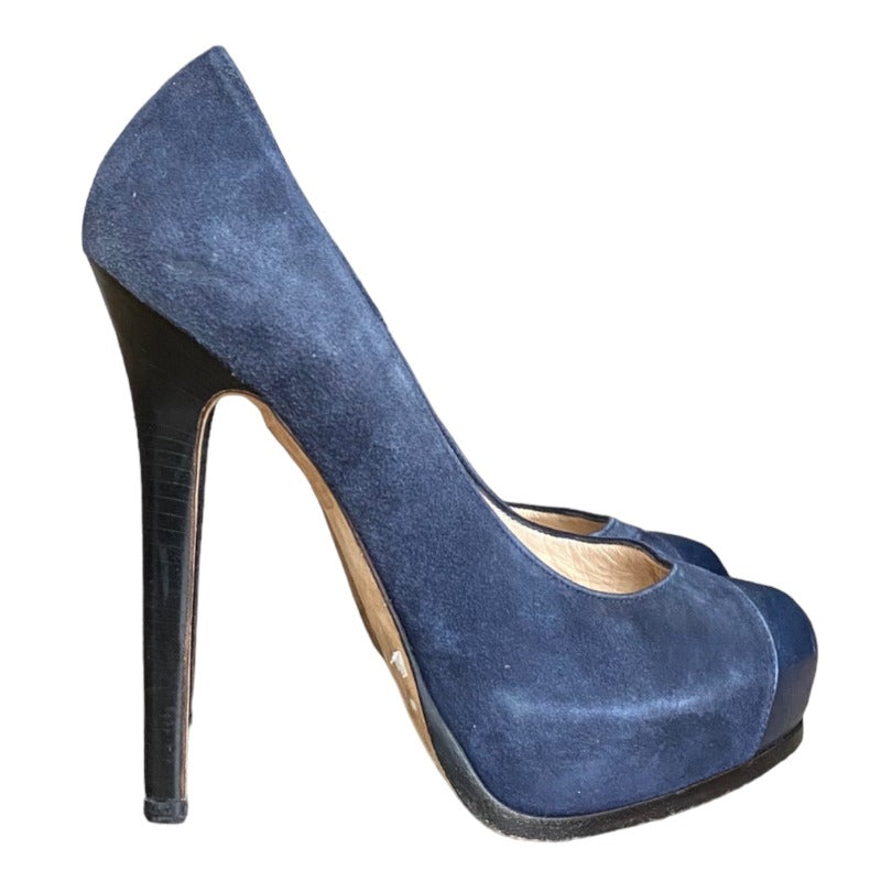 FENDI Navy Suede, Leather Cap Toe , FF Logo Hidden Platform Pumps, Size 38.5