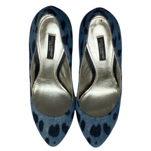 DOLCE & GABBANA Blue/Black Leopard Print Denim Wooden Heels Pumps, Size 38