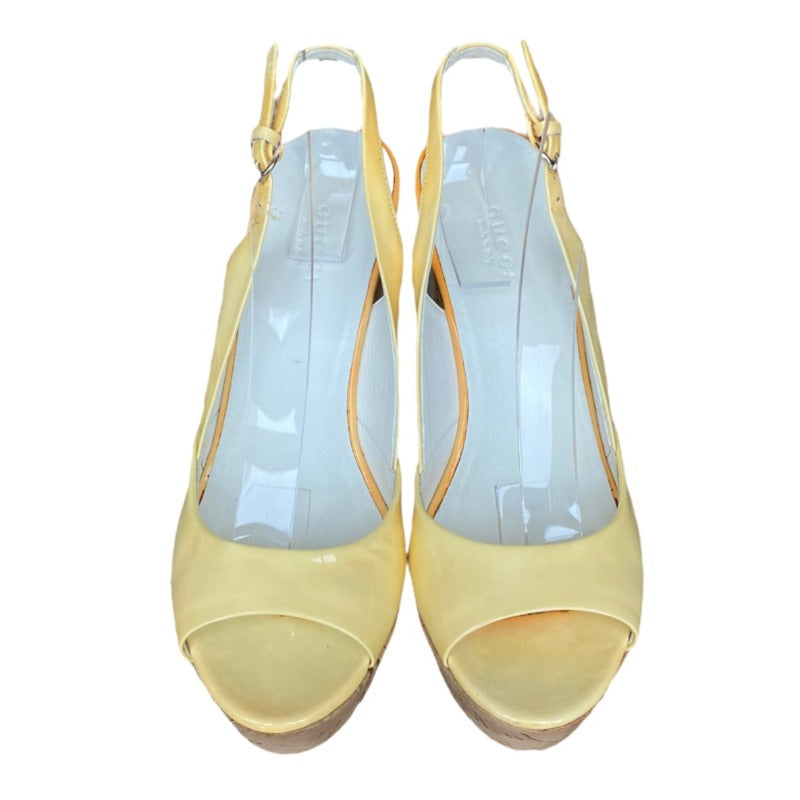 GUCCI Yellow Patent Leather Cork Peep Toe Platform Slingback Sandals, Size 36