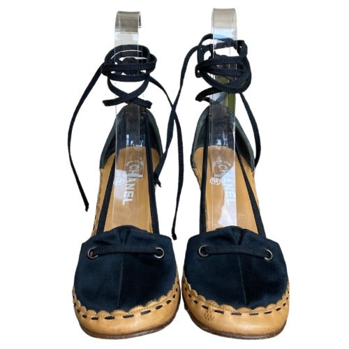 CHANEL Black Satin Interlocking Pearl CC Logo Lace Up D'Orsay Sandals Size 37.5