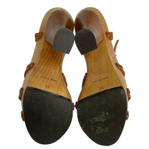 YSL YVES SAINT LAURENT Brown Leather Strappy, Wood Clog Platform Sandals Size 38
