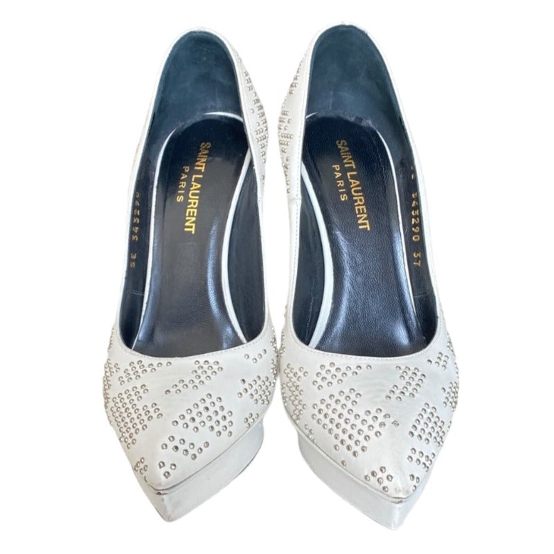 YSL YVES SAINT LAURENT White Leather Studded Janis Platform Pointed Toe Pumps, 37