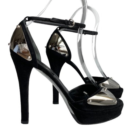 GUCCI Black Suede Silver Mirror Metal Embossed Ankle Strap Heeled Sandals, Size39