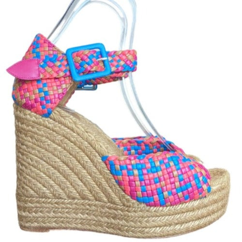HERMES Multicolor Braided Leather Ankle Strap Espadrille Wedges Sandals, Size 40