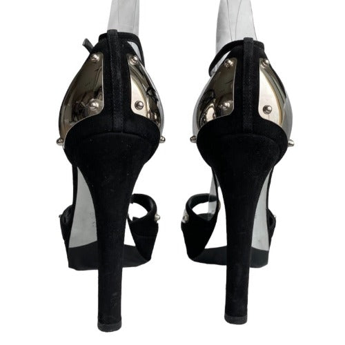 GUCCI Black Suede Silver Mirror Metal Embossed Ankle Strap Heeled Sandals, Size39