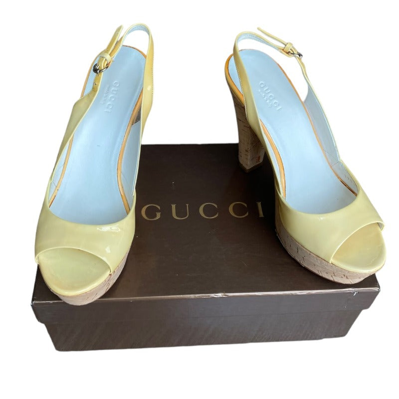 GUCCI Yellow Patent Leather Cork Peep Toe Platform Slingback Sandals, Size 36