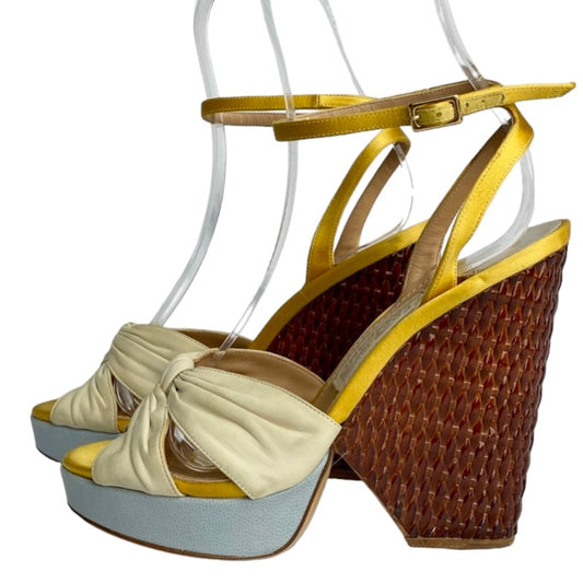 SALVATORE FERRAGAMO Suna Nude Leather Yellow Satin Straps Woven Wedges, Size 36