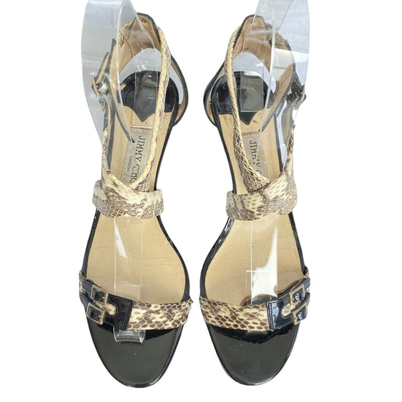JIMMY CHOO Chiara Python & Black Patent Leather Strappy Demi Wedge Sandals, 38