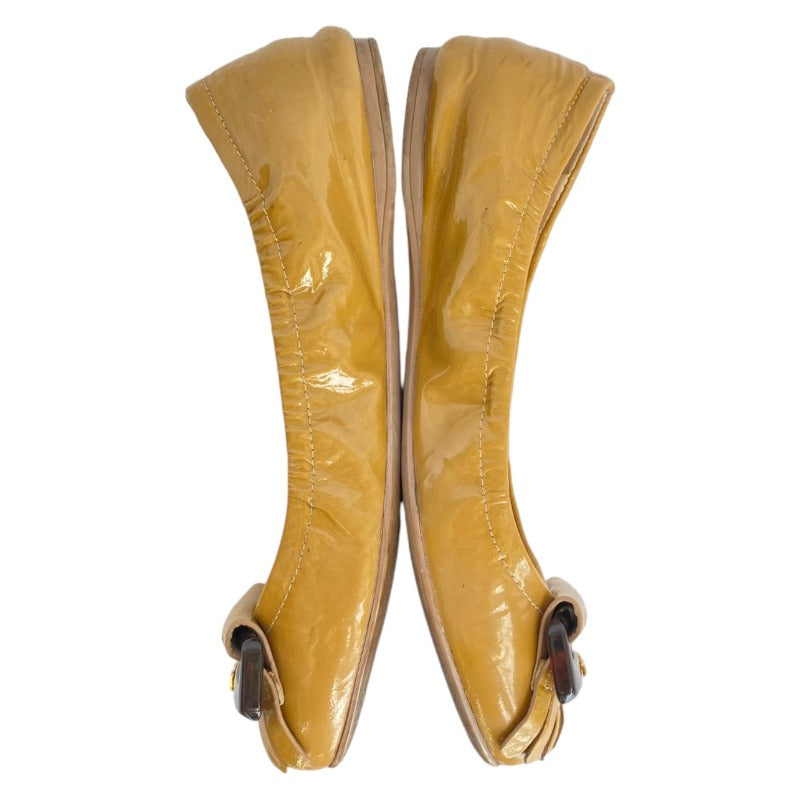 PRADA Yellow Patent Leather, Logo Buckle Fringe, Round Toe Ballet Flats, Size 36