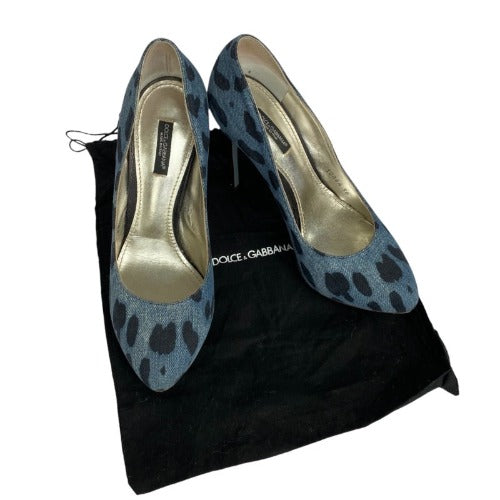 DOLCE & GABBANA Blue/Black Leopard Print Denim Wooden Heels Pumps, Size 38