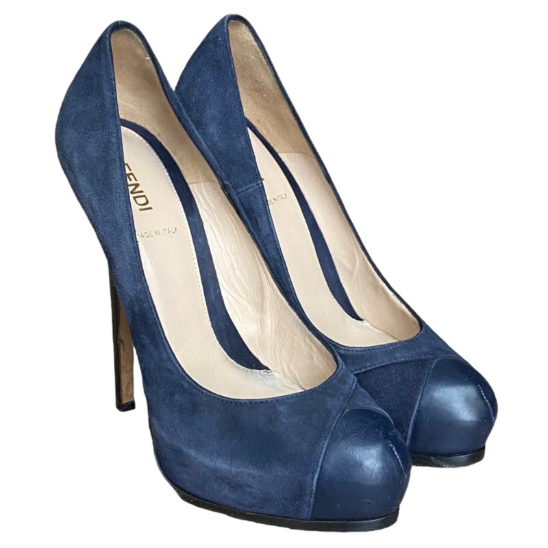 FENDI Navy Suede, Leather Cap Toe , FF Logo Hidden Platform Pumps, Size 38.5