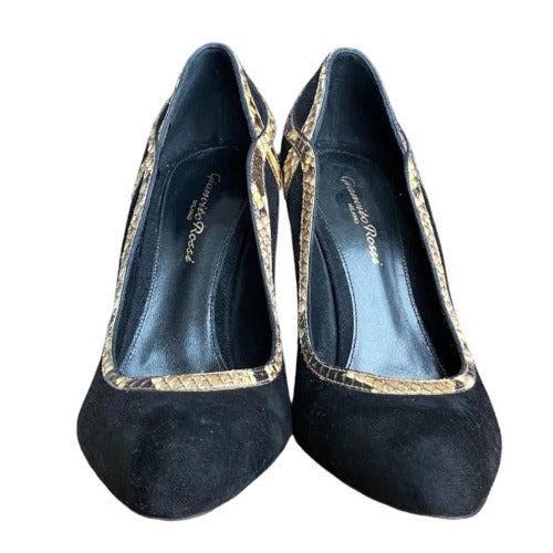 NEW GIANVITO ROSSI Black Suede Python Trimmed Pointed Toe Pumps, Size 39