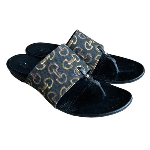 GUCCI Black Brown Horsebit Pattern Canvas Leather Flat Thong Sandals, Size 38.5