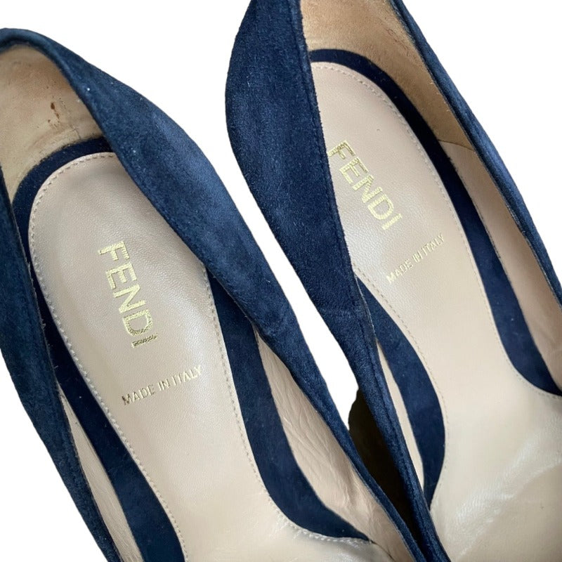 FENDI Navy Suede, Leather Cap Toe , FF Logo Hidden Platform Pumps, Size 38.5