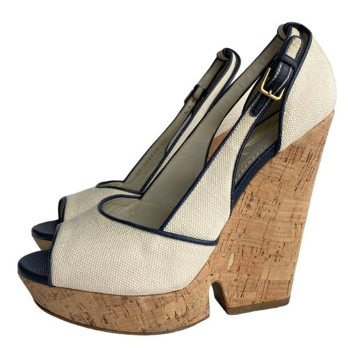 NEW YVES SAINT LAURENT Deauville Canvas Peep Toe Wedge Cork Sandals Ivory, Size 40