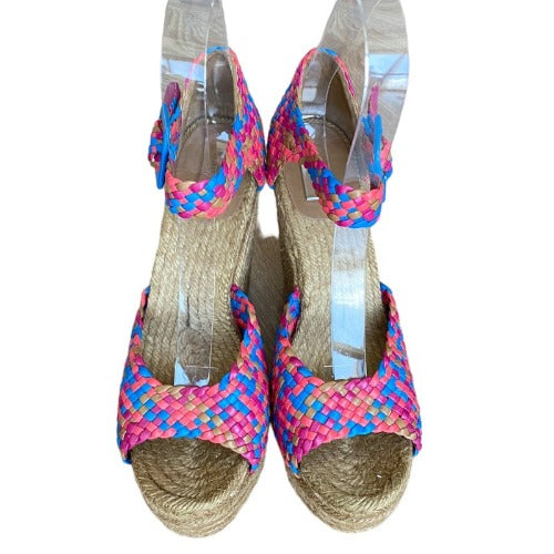 HERMES Multicolor Braided Leather Ankle Strap Espadrille Wedges Sandals, Size 40