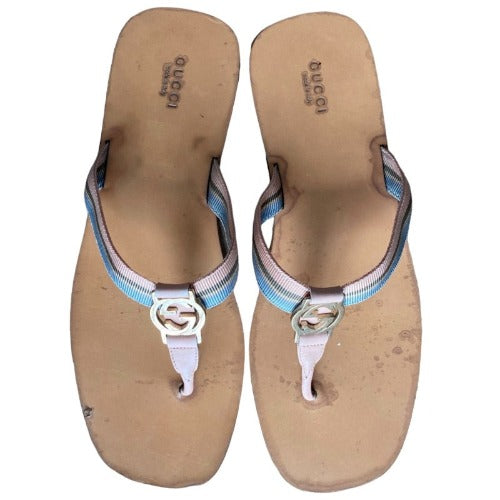 GUCCI Enamel GG Web Flip Flops Pink Blue Flat Thong Sandals, Size 40