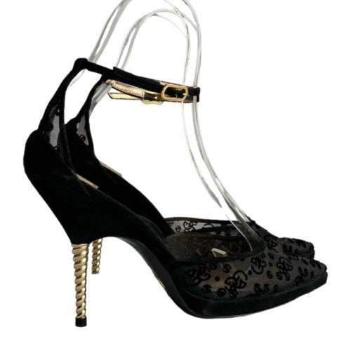 GIORGIO ARMANI Black Mesh Slingback Gold Heels Pointed Toe Pumps, Size 38.5