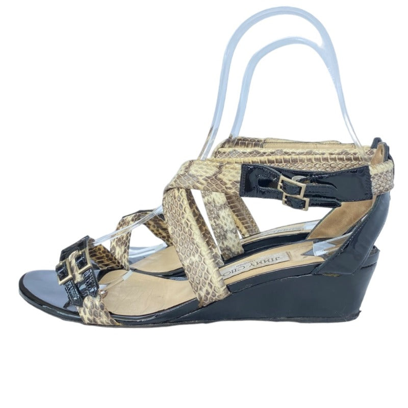 JIMMY CHOO Chiara Python & Black Patent Leather Strappy Demi Wedge Sandals, 38