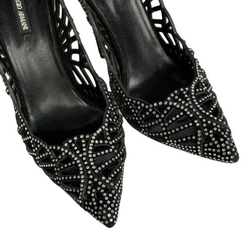 GIORGIO ARMANI Crystal Embellished Black Suede Pointed Toe Laser Cut Pumps, Size 36