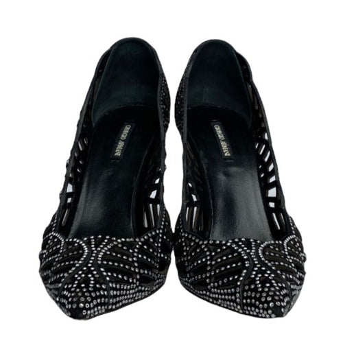 GIORGIO ARMANI Crystal Embellished Black Suede Pointed Toe Laser Cut Pumps, Size 36