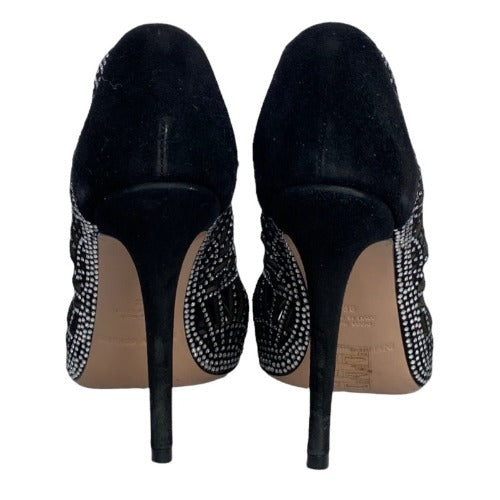 GIORGIO ARMANI Crystal Embellished Black Suede Pointed Toe Laser Cut Pumps, Size 36