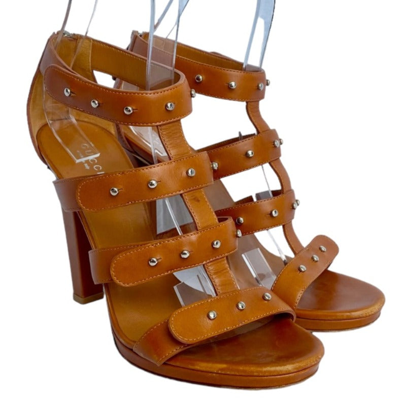 GUCCI Brown Leather, Studded, Strappy Gladiator Heeled Sandals, Size 39.5