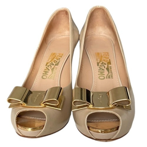 SALVATORE FERRAGAMO Poudre Leather Metal Bow Peep Toe Platform Pumps, Size 36