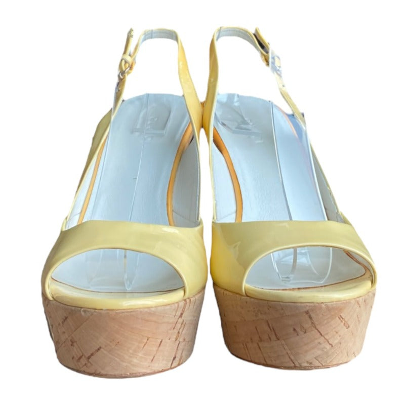 GUCCI Yellow Patent Leather Cork Peep Toe Platform Slingback Sandals, Size 36
