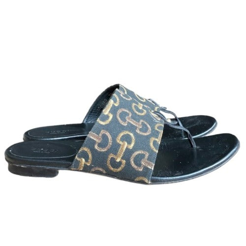 GUCCI Black Brown Horsebit Pattern Canvas Leather Flat Thong Sandals, Size 38.5