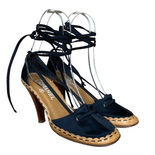 CHANEL Black Satin Interlocking Pearl CC Logo Lace Up D'Orsay Sandals Size 37.5