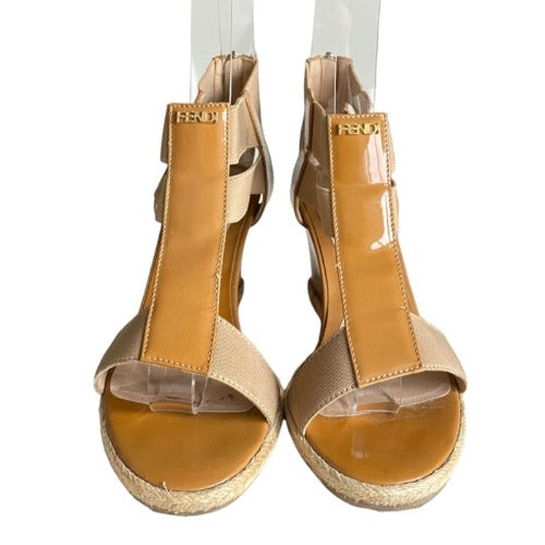 FENDI Beige Patent Leather and Elastic T-Strap Espadrille Wedge Sandals, Size 36