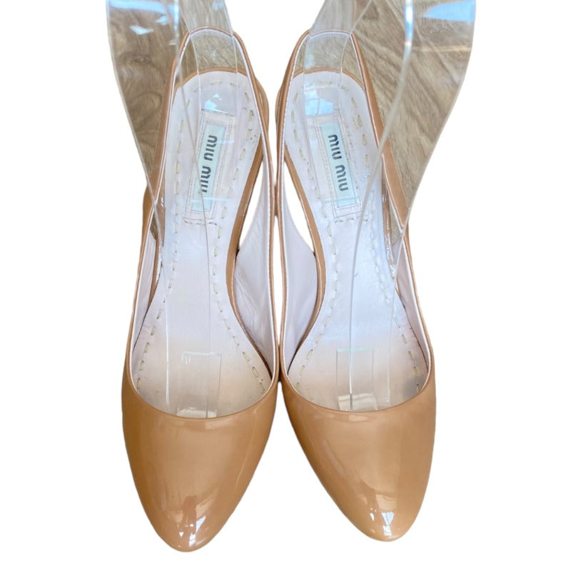 MIU MIU Beige Patent Leather Almond Toe Hidden Platform Slingback Pumps Size 36