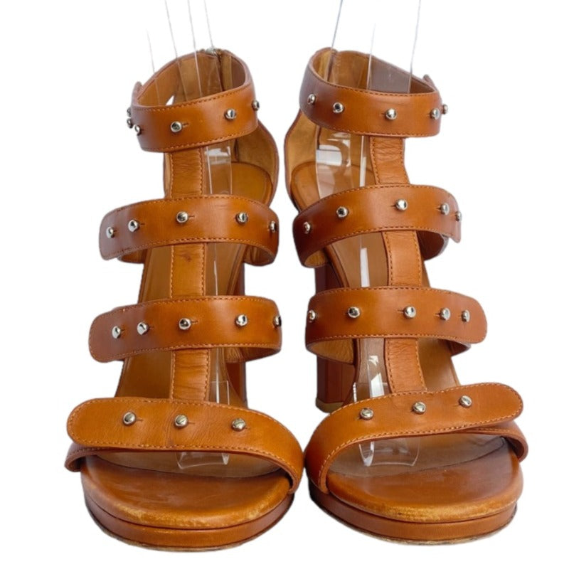 GUCCI Brown Leather, Studded, Strappy Gladiator Heeled Sandals, Size 39.5
